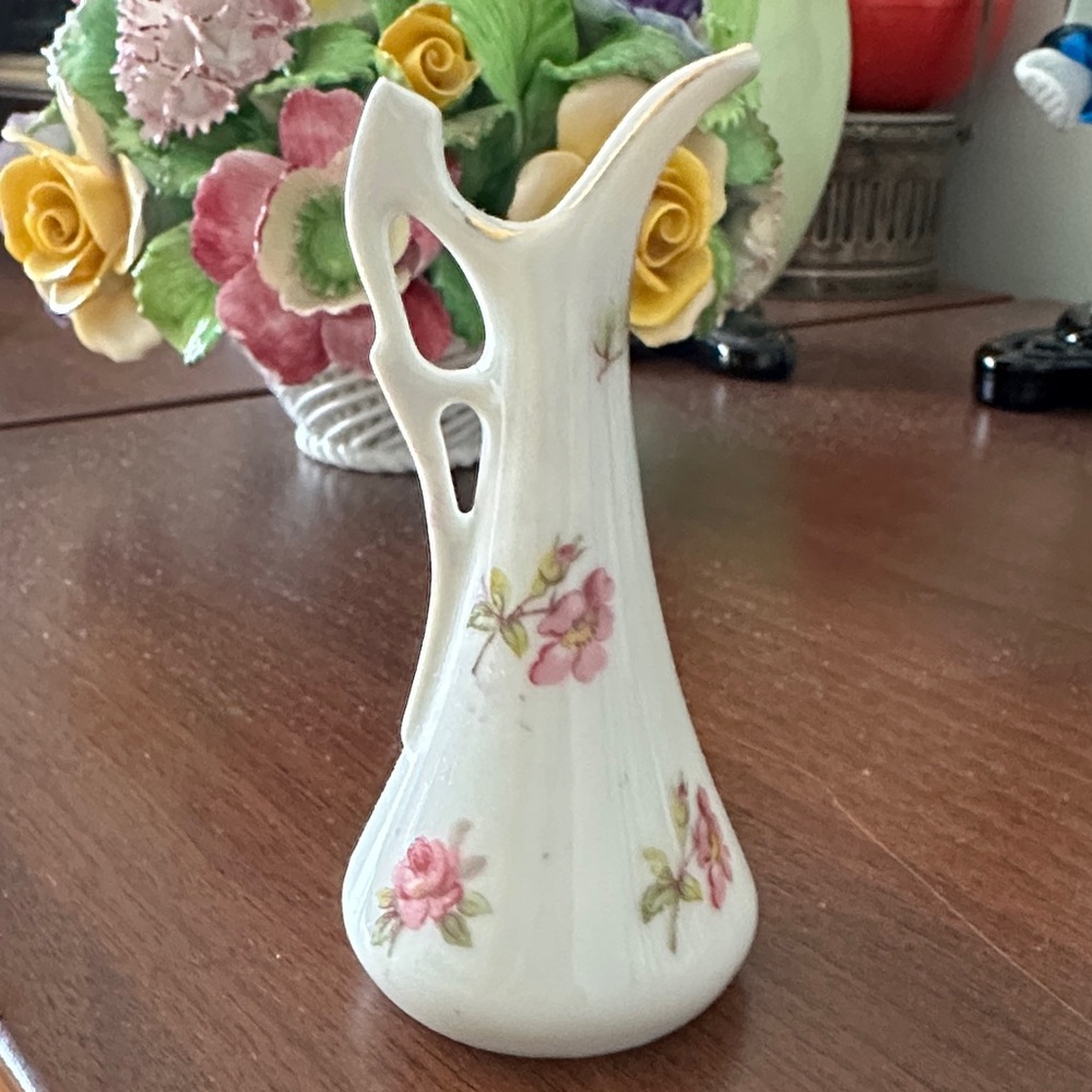 Vintage miniature Limoges White Vase/water pitcher with Pink Floral Design